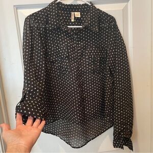 Polka Dots Black and White Long Sleeve Button Down Shirt